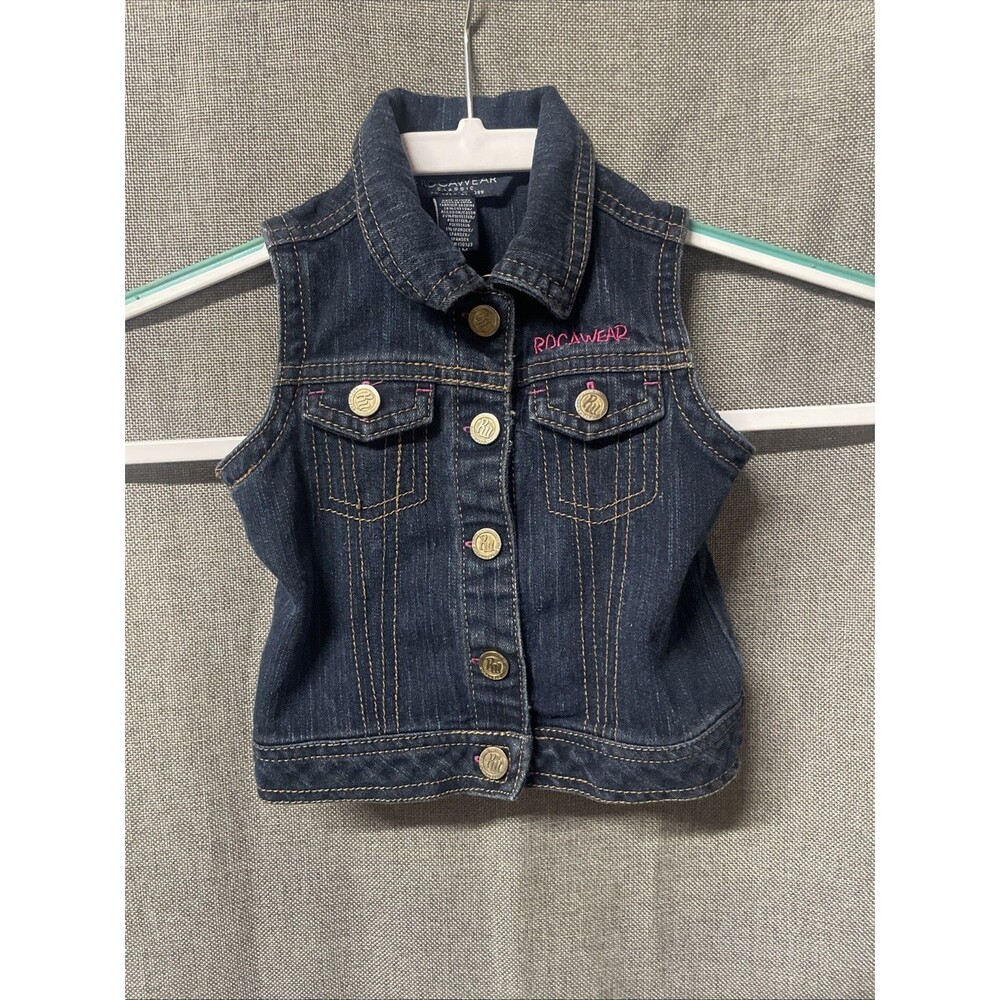 Rocawear Girls Toddler Blue Denim Vest 24 months Embroidered Teal / Aqua Y2K